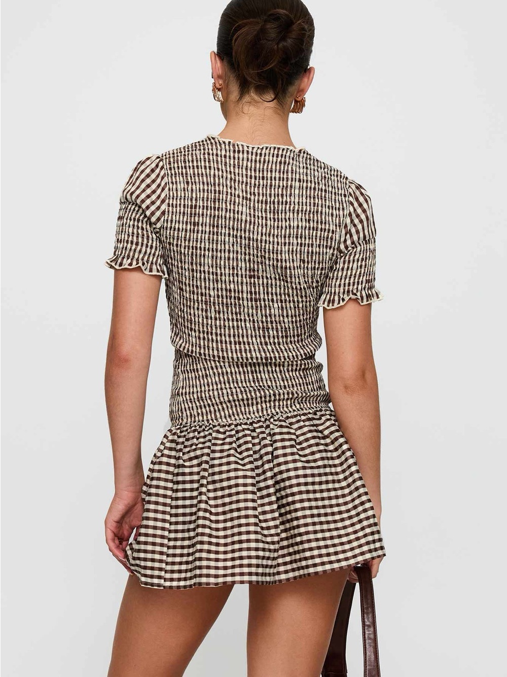 Princess Polly Women’s Laurita Shirred Mini Dress Size 4 Brown Check New W/ Tags - Picture 2 of 8